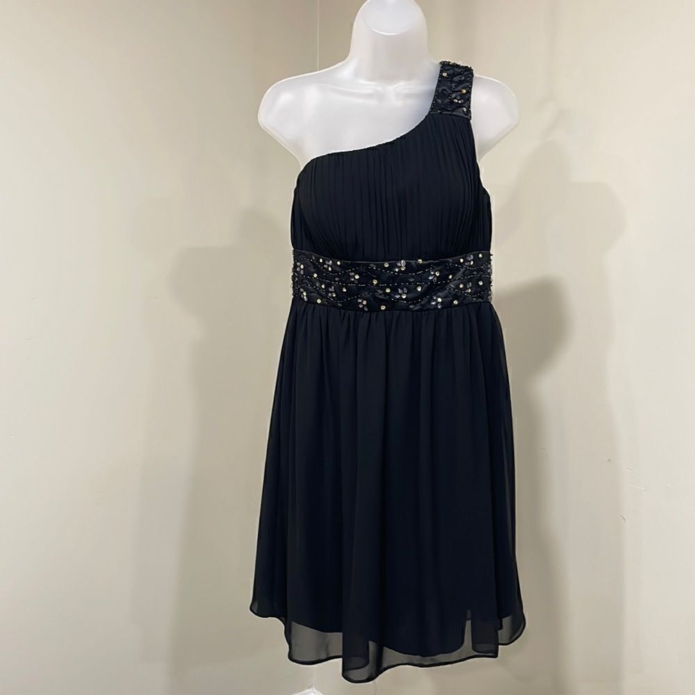 NWOT David's Bridal Black Jeweled One Shoulder Dress.  Size 10 M medium
